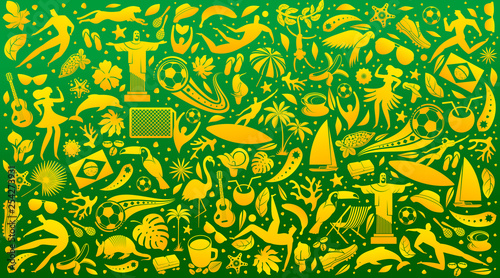 Vector illustration colorful background. World of Brasil pattern with modern and traditional elements. 2019 trend. Championship Conmeball Copa America 2019 in Brazil. 