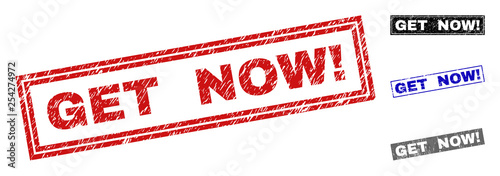 Grunge GET NOW! rectangle stamp seals isolated on a white background. Rectangular seals with distress texture in red, blue, black and gray colors.