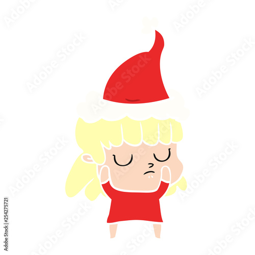 flat color illustration of a indifferent woman wearing santa hat