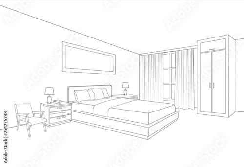 Bedroom furniture interior. Room line sketch drawing.