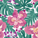 Tropcal flowers and palm leaves seamless pattern. Beautiful flor