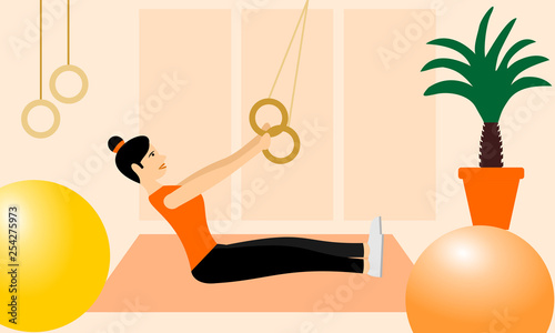 Young fitness sporty girl doing exercises during training workout, stretching in a fitness studio. Beautiful girl exercising fitness training. People vector illustration. 