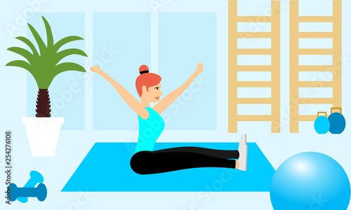 Young fitness sporty girl doing exercises during training workout, stretching in a fitness studio. Beautiful girl exercising fitness training. People vector illustration. 