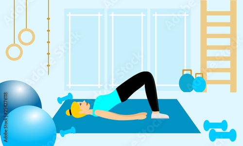 Young fitness sporty girl doing exercises during training workout, stretching in a fitness studio. Beautiful girl exercising fitness training. People vector illustration. 