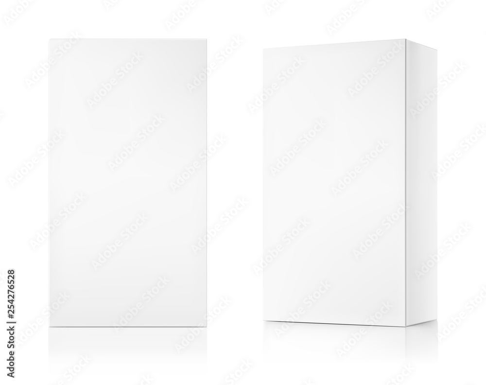 Realistic cardboard box mockups. Front and perspective view. Vector illustration isolated on white background. Can be use for food, medicine, cosmetic and other. Ready for your design. EPS10.	 - obrazy, fototapety, plakaty 