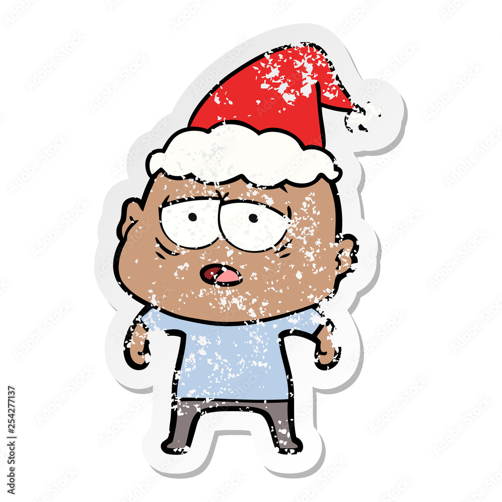 distressed sticker cartoon of a tired bald man wearing santa hat distressed sticker cartoon of a tired bald man wearing santa hat