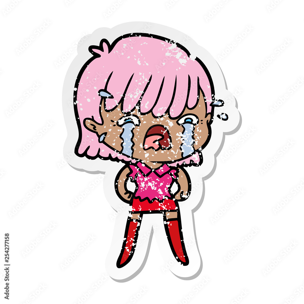 distressed sticker of a cartoon girl crying