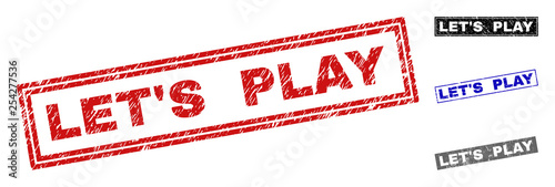 Grunge LET'S PLAY rectangle stamp seals isolated on a white background. Rectangular seals with distress texture in red, blue, black and gray colors.