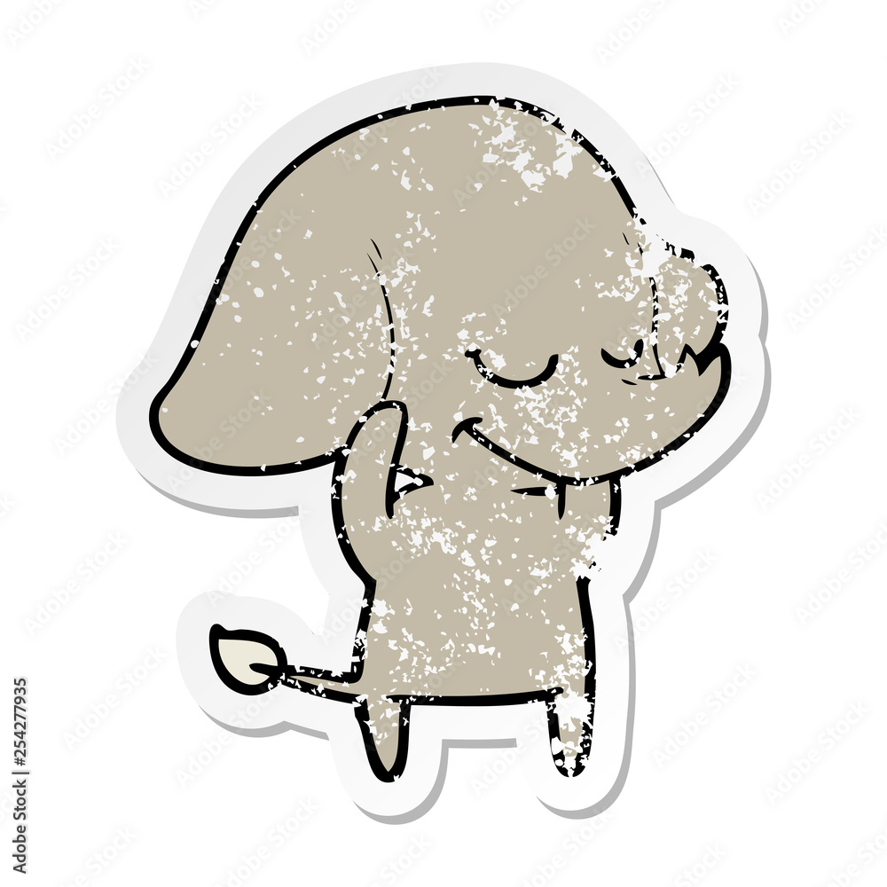 distressed sticker of a cartoon smiling elephant distressed sticker of a cartoon smiling elephant