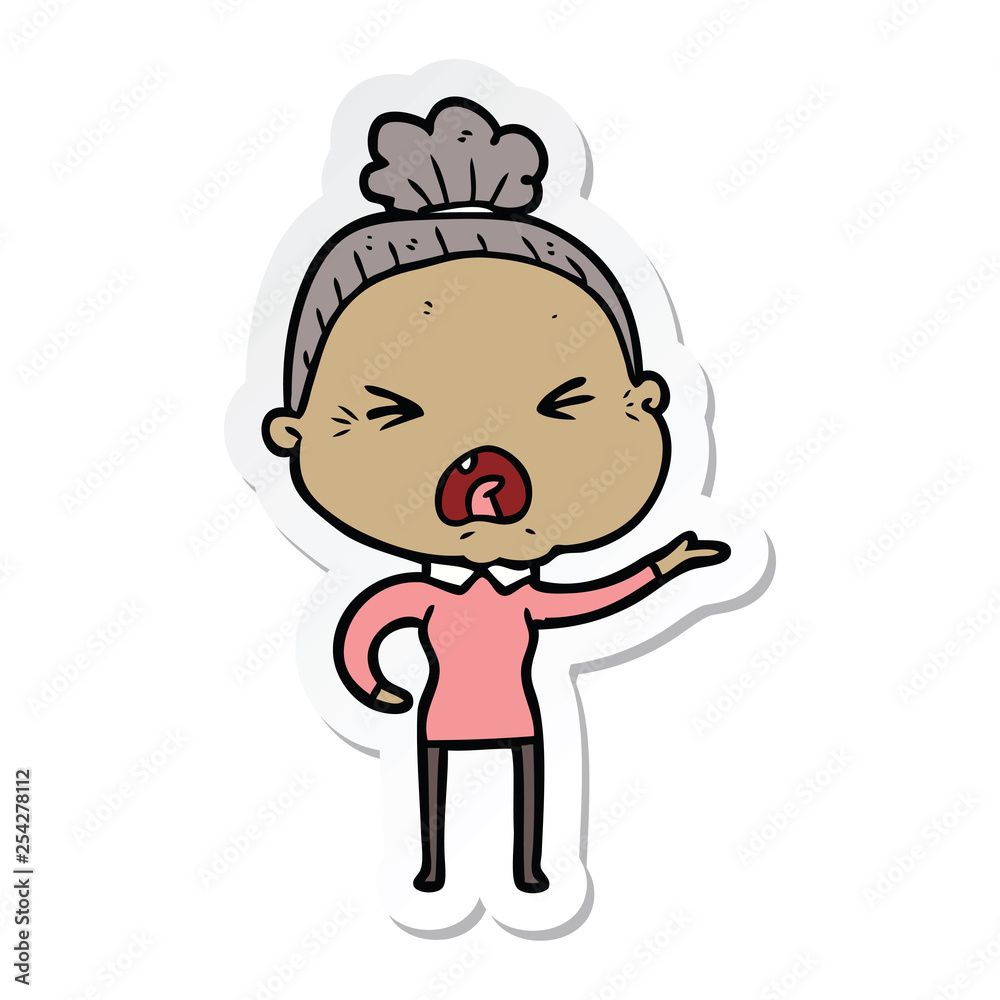 sticker of a cartoon angry old woman sticker of a cartoon angry old woman
