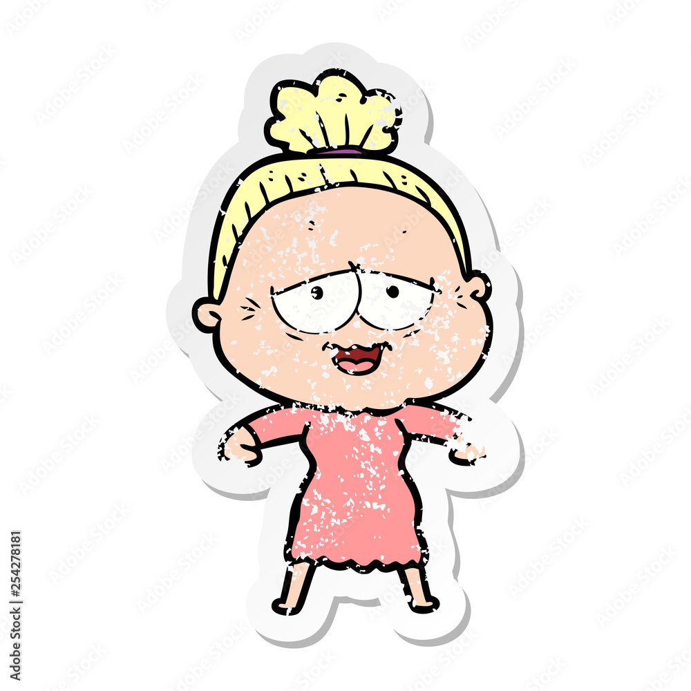 distressed sticker of a cartoon happy old lady