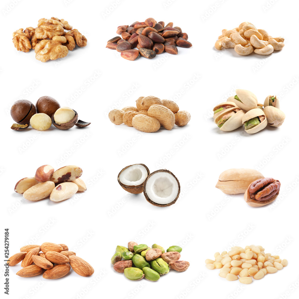 Set of different delicious organic nuts on white background Set of different delicious organic nuts on white background