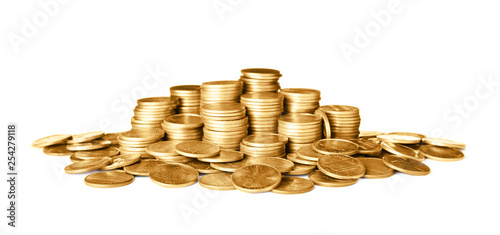 Many shiny gold coins on white background photo