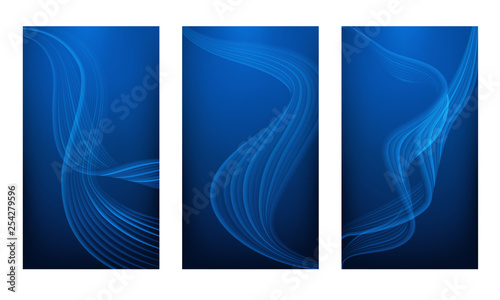 Set of vertical abstract color backgrounds with wavy blurred shapes. Screen wallpaper template is vibrant blue gradient. Vector illustration.