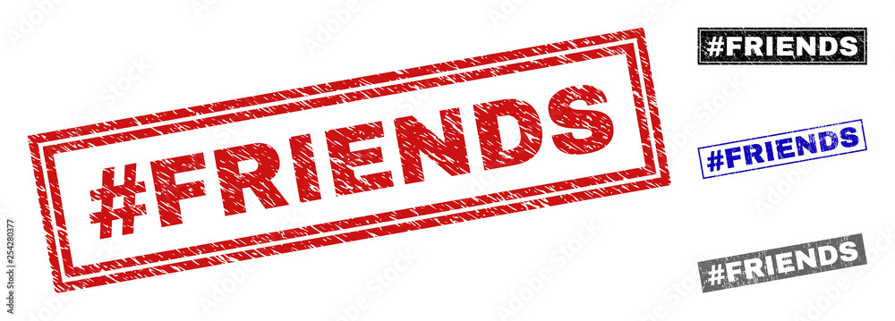 Grunge #FRIENDS rectangle stamp seals isolated on a white background. Rectangular seals with grunge texture in red, blue, black and grey colors. Grunge #FRIENDS rectangle stamp seals isolated on a white background. Rectangular seals with grunge texture in red, blue, black and grey colors.