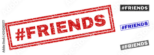 Grunge #FRIENDS rectangle stamp seals isolated on a white background. Rectangular seals with grunge texture in red, blue, black and grey colors.