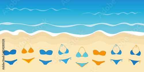 many colorful bikinis on the beach summer holiday background vector illustration EPS10