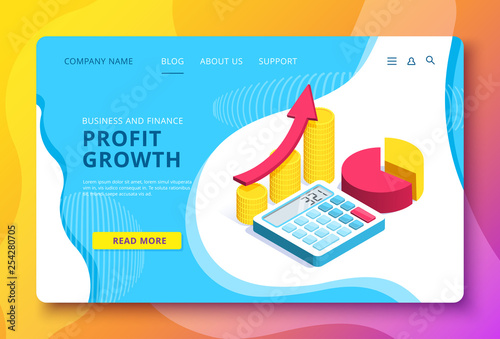 isometric vector image on a blue background, a landing page for a business site, luck in business and making profit, coins and calculator, arrow and chart