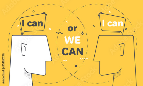 flat linear vector image on yellow background, people's heads and the inscription we can, the intention is a union