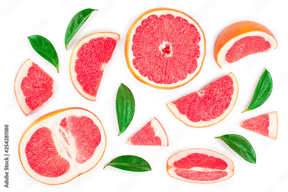 Grapefruit and slices with leaves isolated on white background. Top view. Flat lay pattern Grapefruit and slices with leaves isolated on white background. Top view. Flat lay pattern