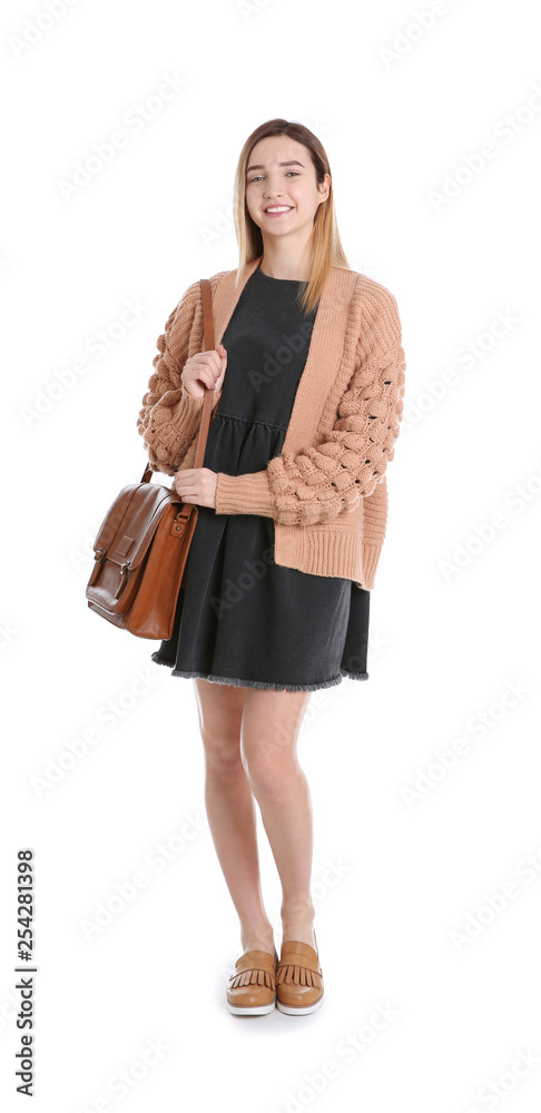 Teenage girl with bag on white background Teenage girl with bag on white background