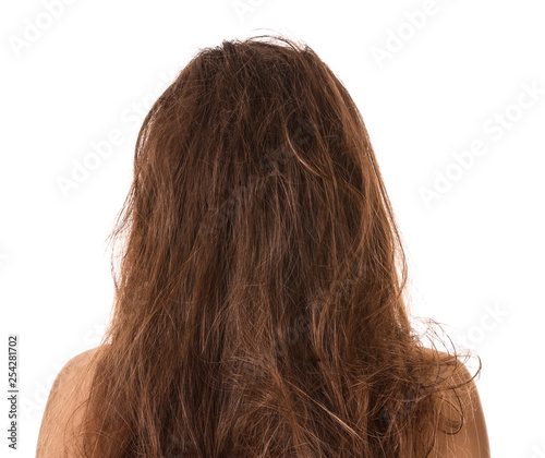 Foto Woman with tangled brown hair on white background