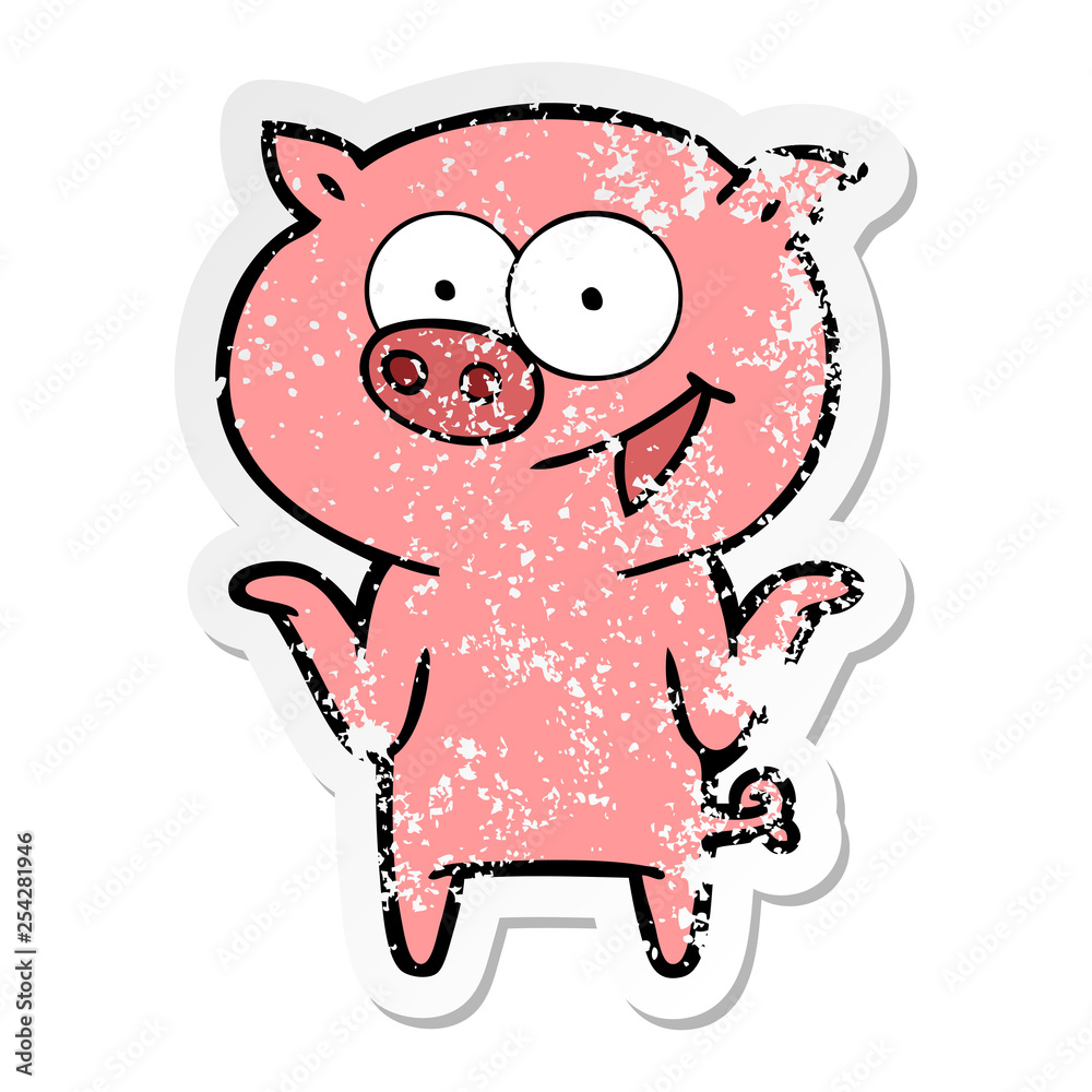 distressed sticker of a cartoon pig with no worries distressed sticker of a cartoon pig with no worries