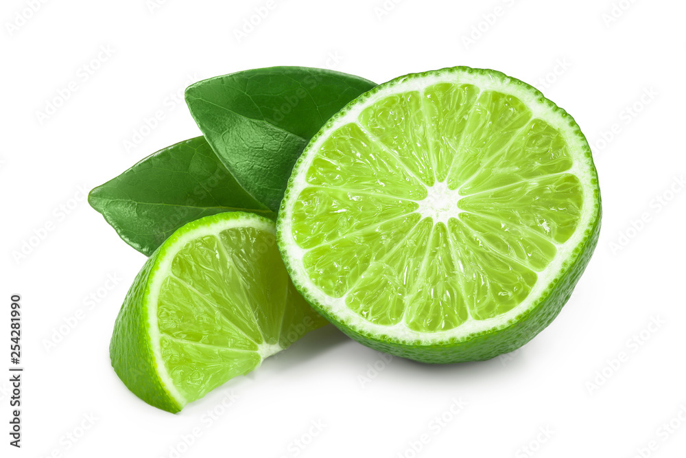 half lime with leaves isolated on white background