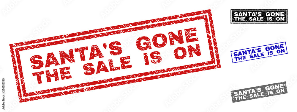 Grunge SANTA'S GONE THE SALE IS ON rectangle stamp seals isolated on a white background. Rectangular seals with grunge texture in red, blue, black and grey colors. Grunge SANTA'S GONE THE SALE IS ON rectangle stamp seals isolated on a white background. Rectangular seals with grunge texture in red, blue, black and grey colors.