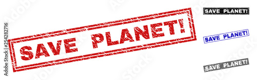 Grunge SAVE PLANET! rectangle stamp seals isolated on a white background. Rectangular seals with grunge texture in red, blue, black and gray colors.