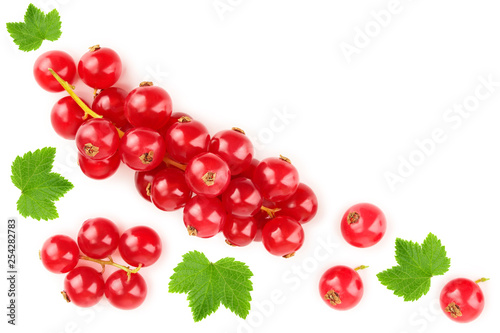 Red currant berry isolated on white background with copy space for your text. Top view. Flat lay pattern
