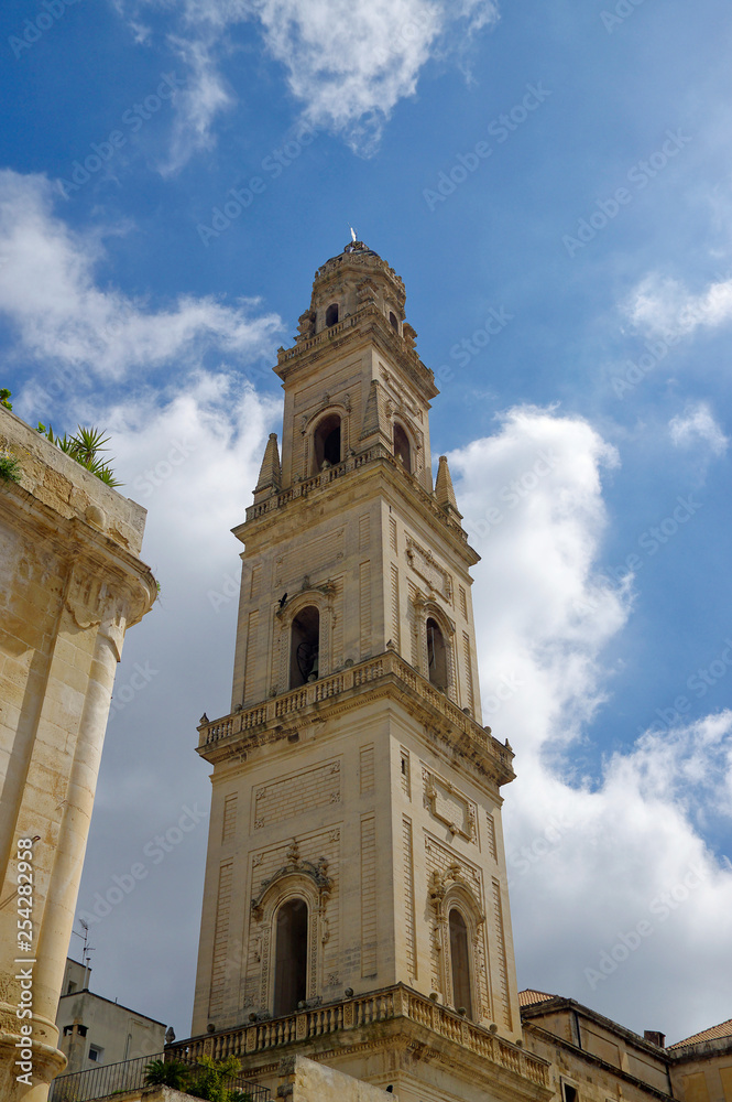 The main tower of Basilica Church of the Holy Cross. Lecce, Italy.
