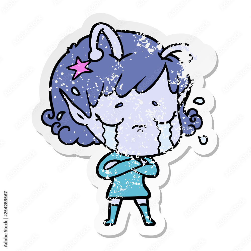 distressed sticker of a cartoon crying alien girl distressed sticker of a cartoon crying alien girl
