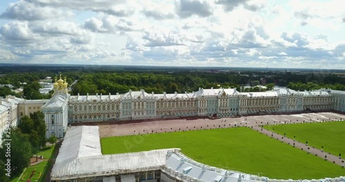 View with top from the drone on Katherine's Palace hall in Tsarskoe Selo Pushkin, Russia photo