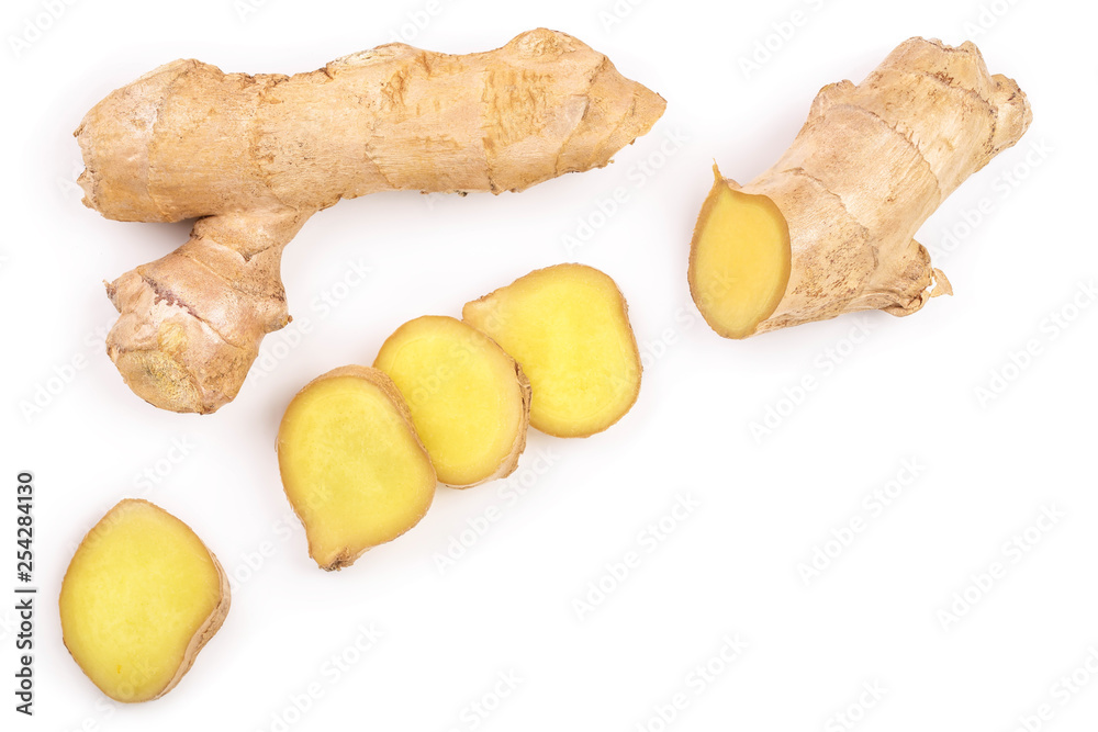 Fototapeta premium fresh Ginger root and slice isolated on white background with copy space for your text. Top view. Flat lay