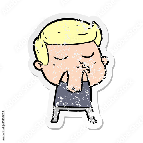distressed sticker of a cartoon model guy pouting