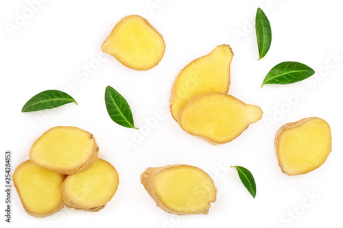 slices of fresh Ginger root with leaves isolated on white background. Top view. Flat lay