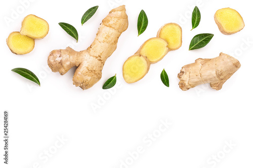 fresh Ginger root and slice isolated on white background with copy space for your text. Top view. Flat lay