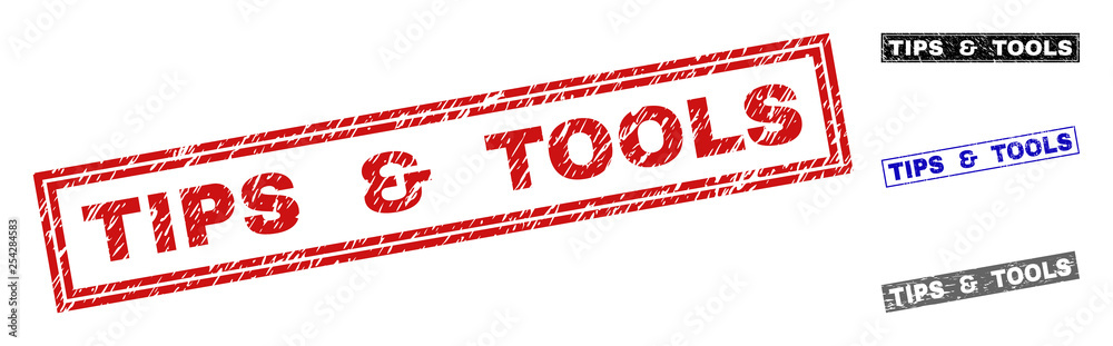 Grunge TIPS & TOOLS rectangle stamp seals isolated on a white background. Rectangular seals with grunge texture in red, blue, black and gray colors. Grunge TIPS & TOOLS rectangle stamp seals isolated on a white background. Rectangular seals with grunge texture in red, blue, black and gray colors.