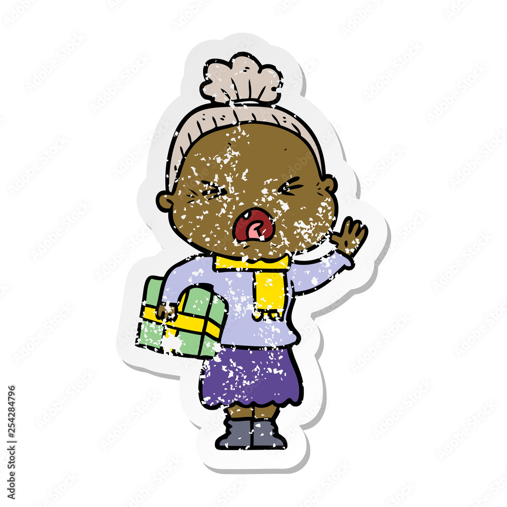 Fototapeta premium distressed sticker of a cartoon angry old woman