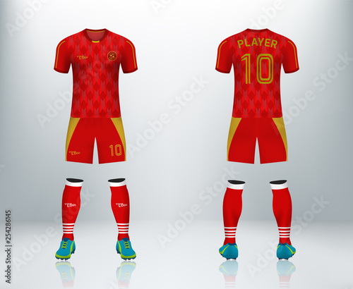 3D realistic mock up of front and back of red soccer jersey t-shirt with pants and socks. Concept for football team uniform or apparel mockup template in design vector illustration