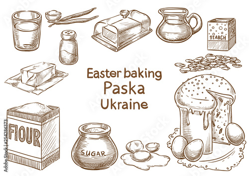 Easter baking. Paska. Ukraine. Vector sketch