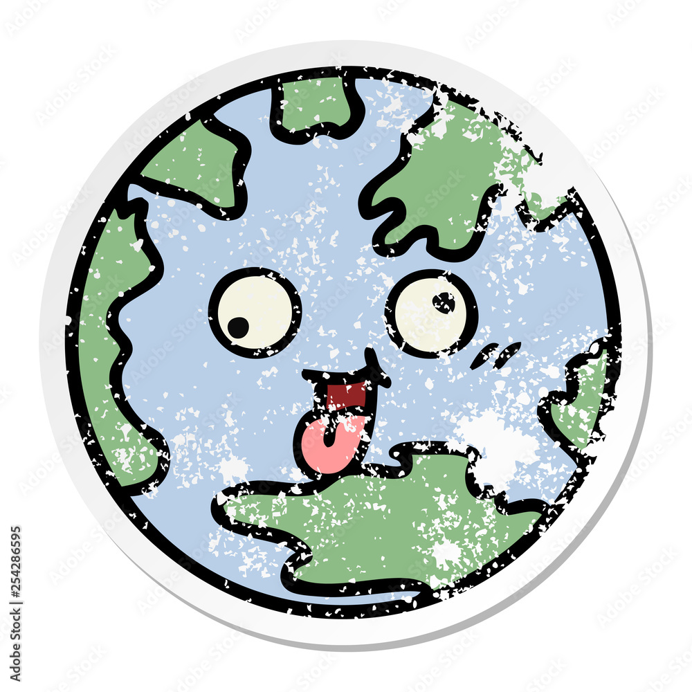 distressed sticker of a cute cartoon planet earth distressed sticker of a cute cartoon planet earth