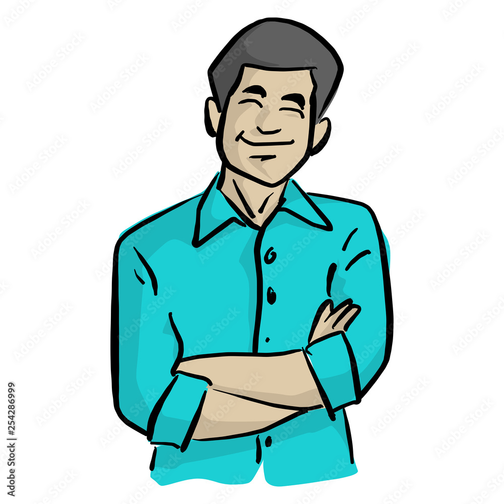 smiling businessman with arms crossed vector illustration with black lines isolated on white background.