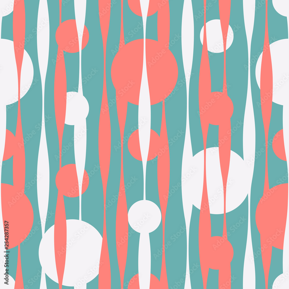 Seamless vector abstract pattern with wavy lines and polka dot backdrop in pastel pink and white colors on blue background. Endless geometric print