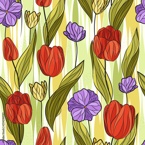 Seamless vector floral pattern with tulips and other spring flowers in bright natural colors on abstract background. Endless floral print