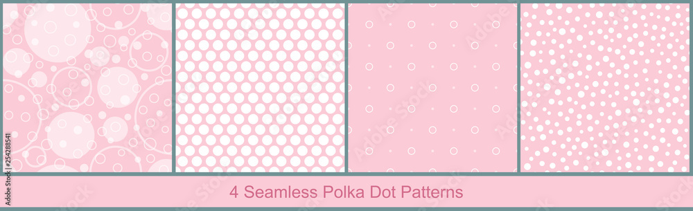 Seamless vector abstract patterns with geometric elements in pastel colors on baby-pink background. Collection of polka dot prints Seamless vector abstract patterns with geometric elements in pastel colors on baby-pink background. Collection of polka dot prints