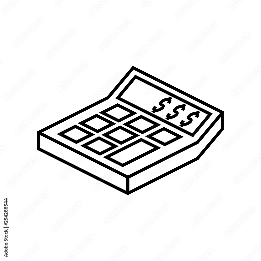 Calculator with money on screen outline isometric icon Calculator with money on screen outline isometric icon