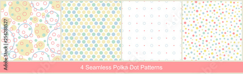 Seamless vector abstract patterns with geometric elements in light pastel colors on white background. Collection of polka dot prints