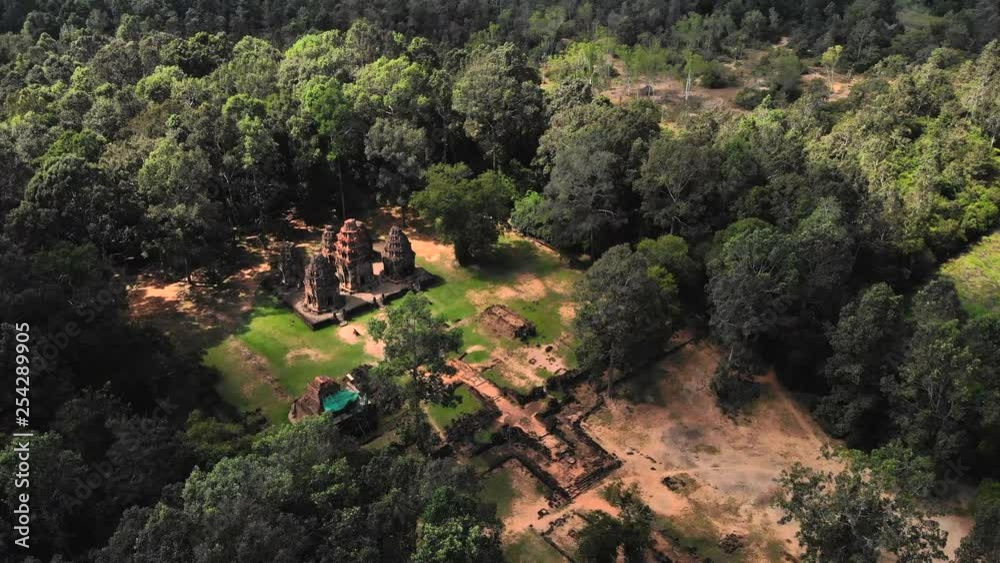 Aerial View Temple Ruins at Angkor, Cambodia Surrounded by Jungle.